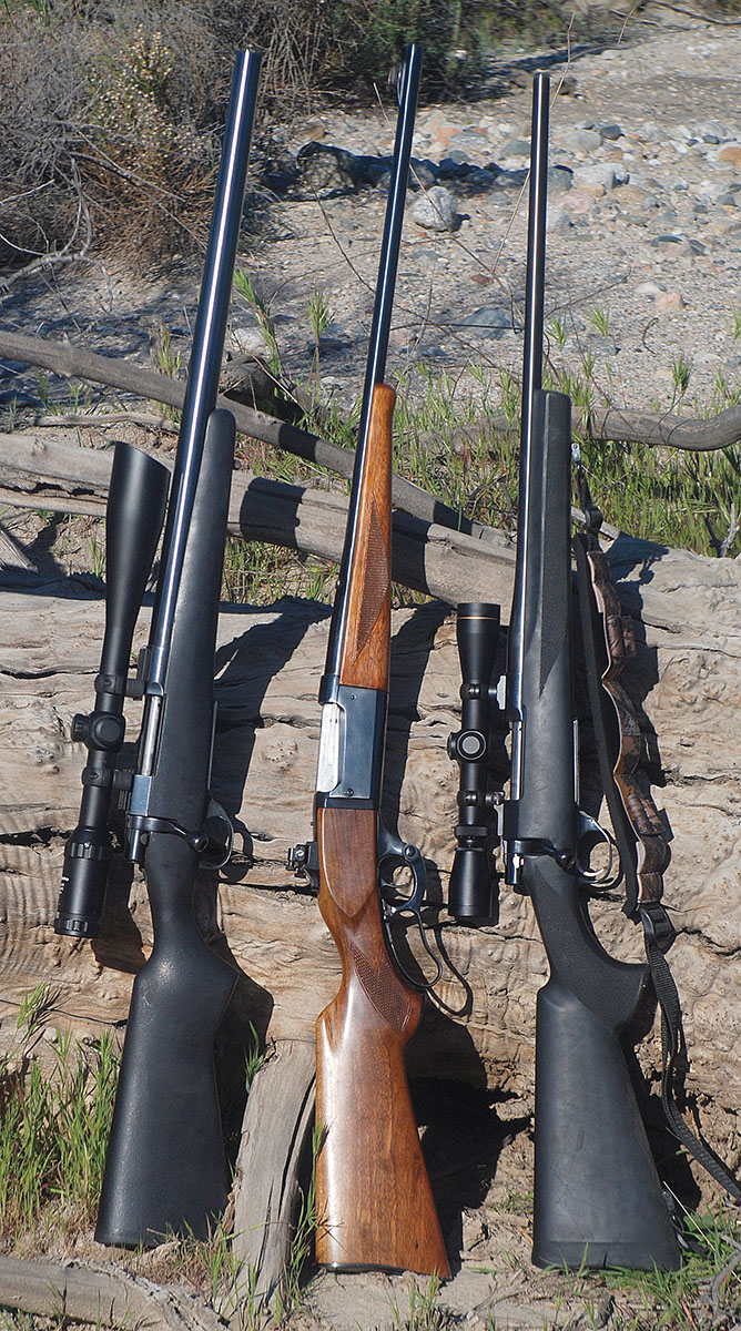 Test rifles included, from left: a customized Howa 1500 with a 22-inch heavy barrel, a late-model Savage 99 with a 24-inch barrel and a custom barreled Howa 1500 sporter with a 22-inch barrel.